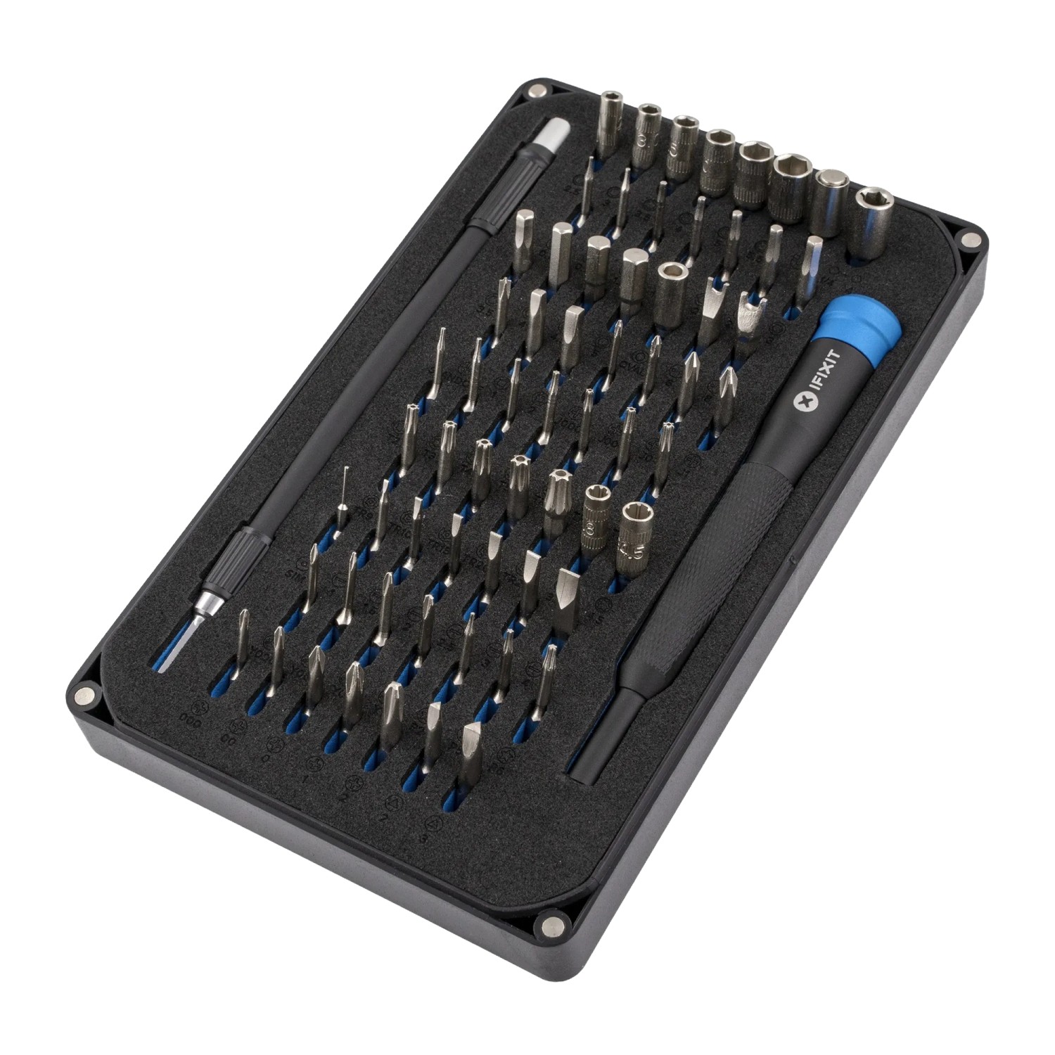 iFixit Mako Precision Bit-Set, 66-teilig, mit Schraubendreher und verschiedenen Bits in Aufbewahrungsbox.