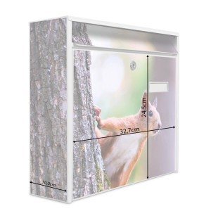 Weißer Banjado Briefkasten mit Eichhörnchen-Motiv, inkl. Montagematerial und Schlüsseln.
