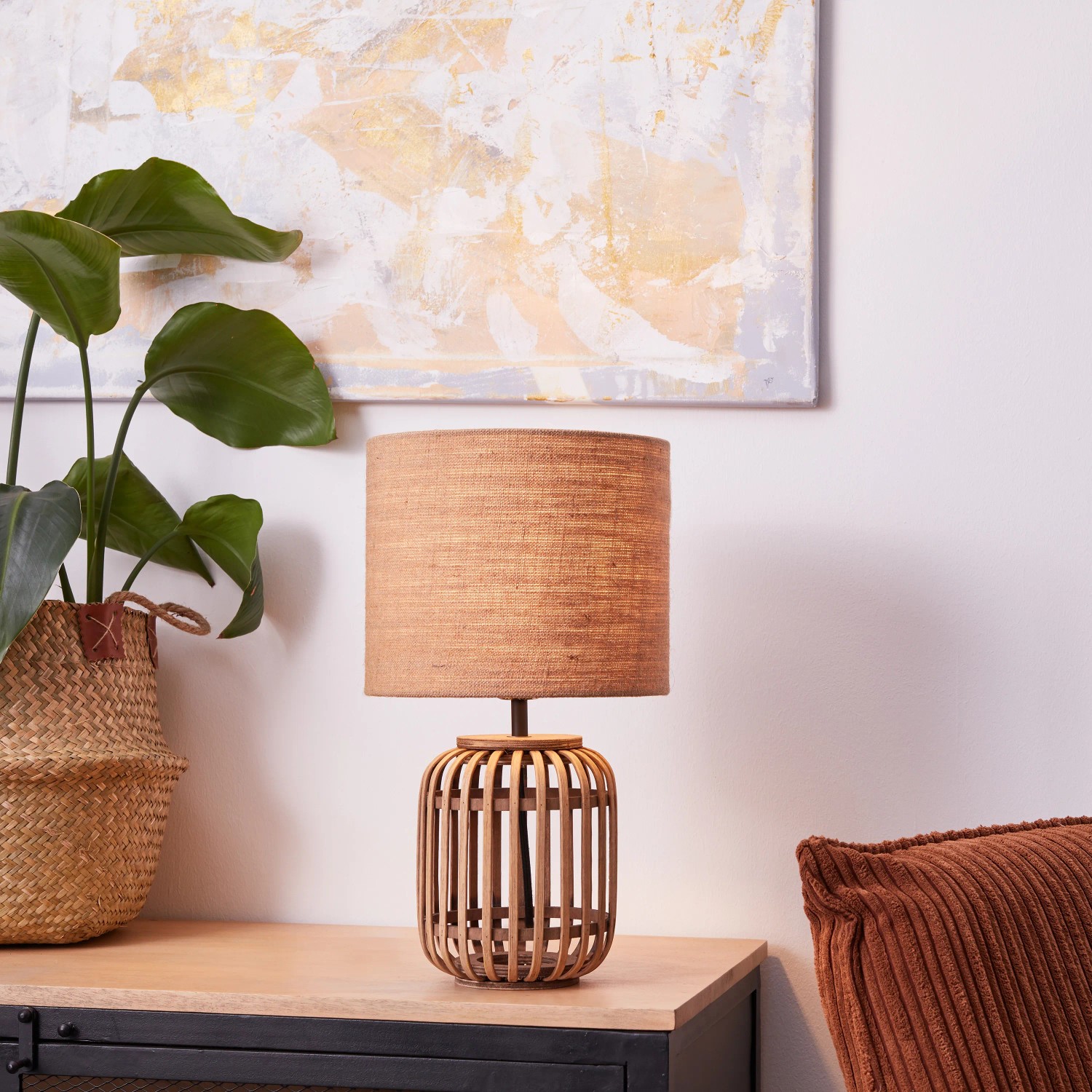 Brilliant Tischleuchte Woodrow, Ø 24 cm, Natur. Design-Tischlampe aus Bambus für gemütliches Licht.