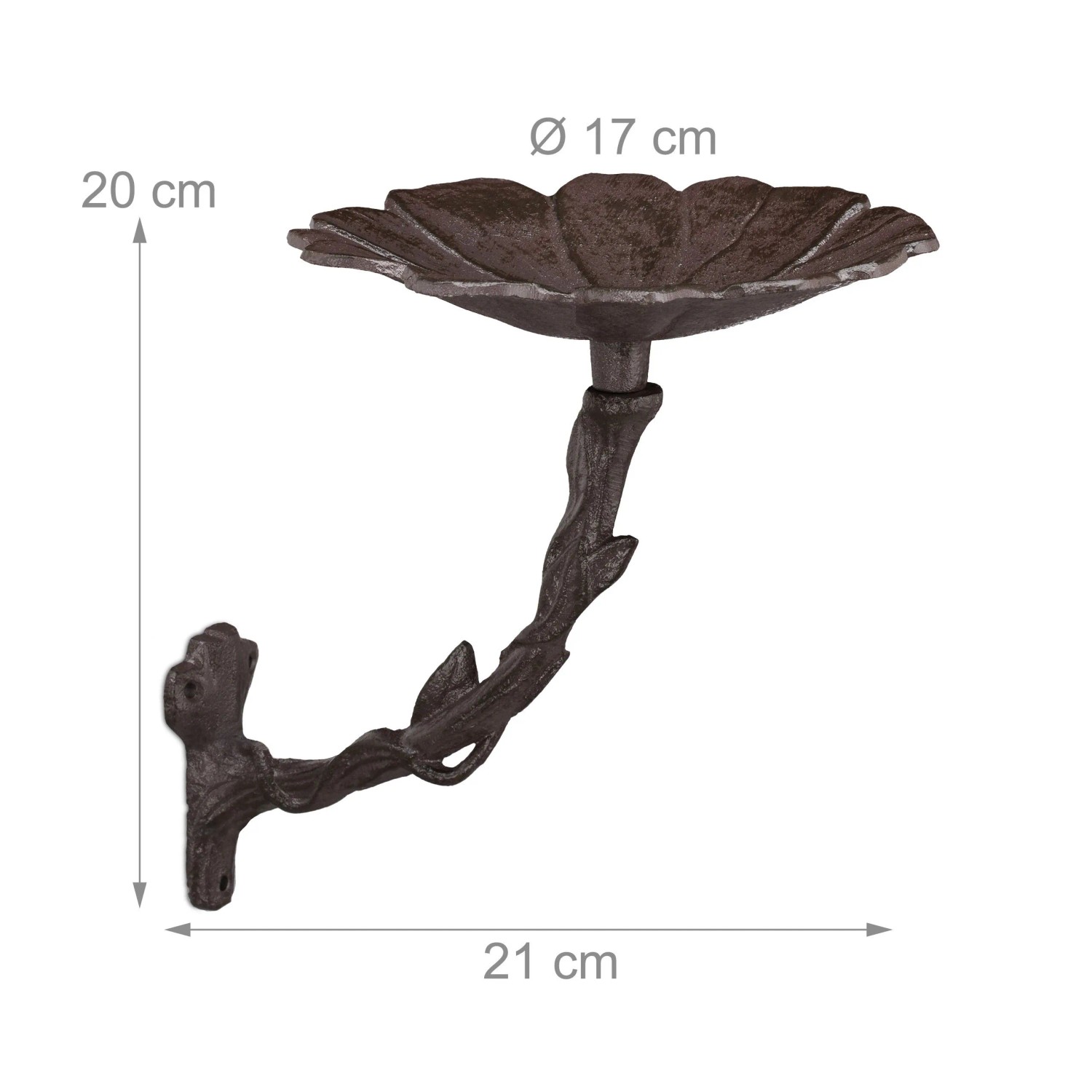 Braune Gusseisen Vogeltränke zur Wandmontage, Blumendesign, 20x17x21 cm. Wetterfestes Vogelbad für Garten & Balkon.
