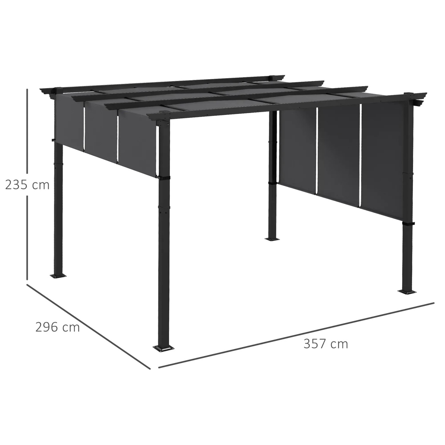 Dunkelgraue Outsunny Pergola aus Stahl und Stoff, Maße 357 x 296 x 235 cm, ideal als Sonnenschutz.