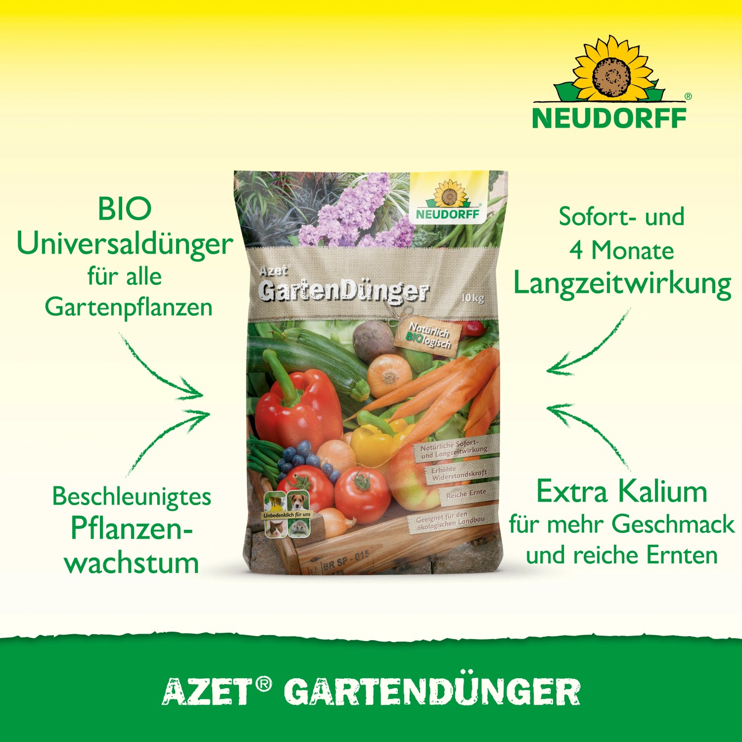 Neudorff Azet Gartendünger 10kg: Sack mit Gemüseabbildung für gesunde Pflanzen.