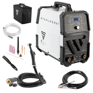 STAHLWERK AC/DC WIG 200 Puls Pro Schweißgerät mit Zubehör wie Brenner, Schlauch und Tasche.