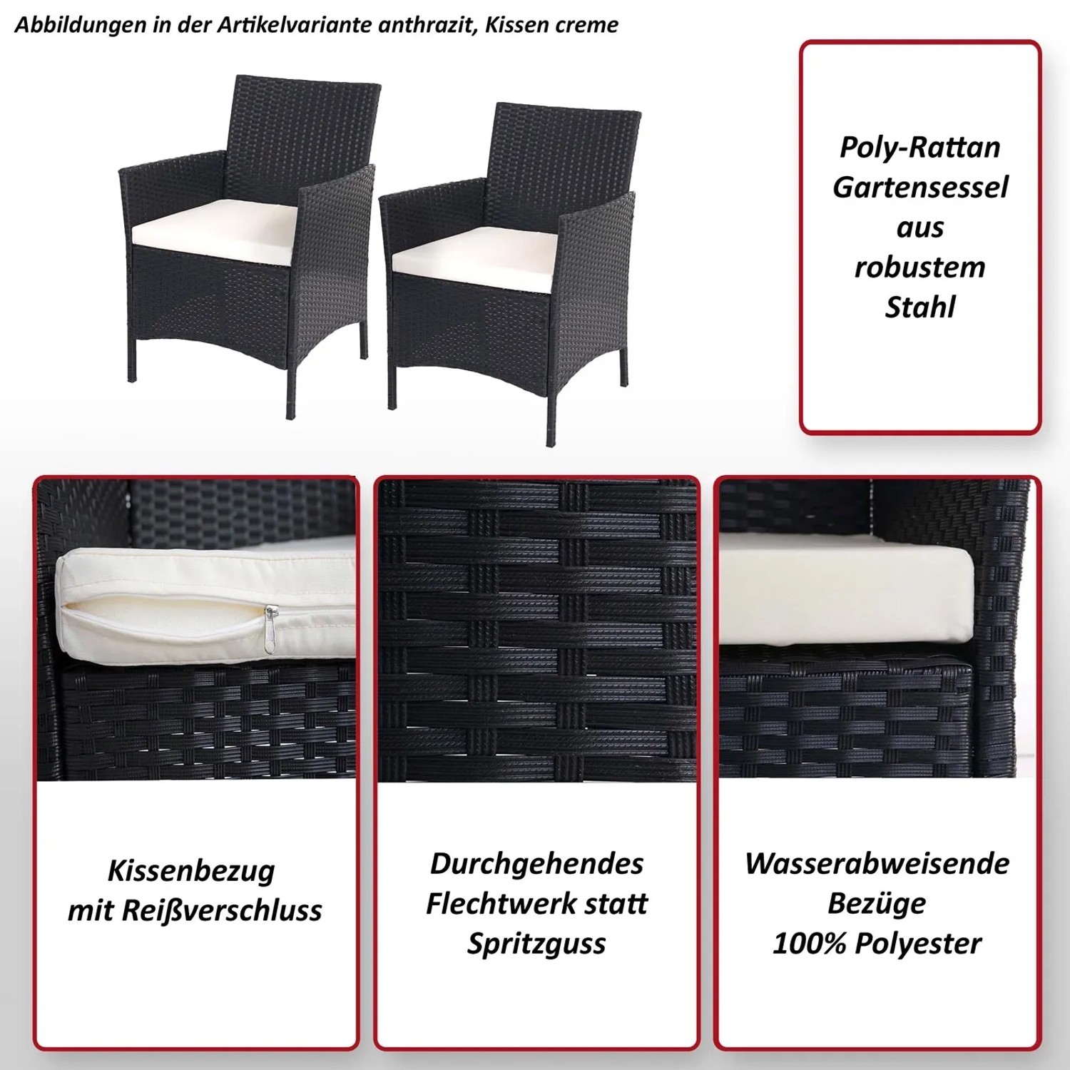 2er-Set: Anthrazitfarbene Poly-Rattan Gartensessel Halden mit creme-farbenen Kissen.