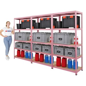 3er Set PROREGAL Schwerlastregal PINK LADY, 180x90x40cm, mit Lagergut. Pinkes Steckregal für Garage und Keller.