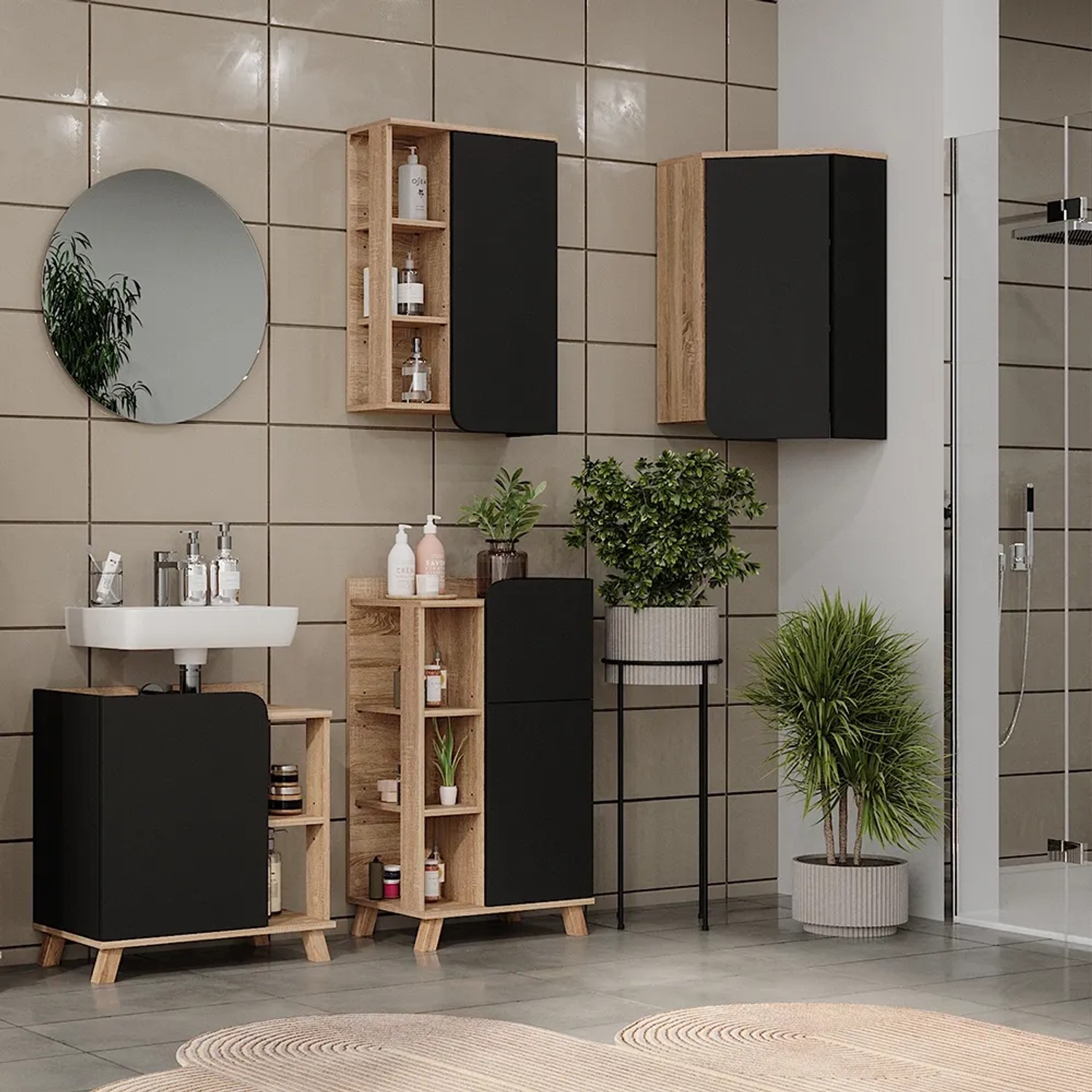 Vicco Eckhängeschrank Karen in Anthrazit, 50x75 cm, mit Tür und offenen Fächern. Badregal für mehr Stauraum.