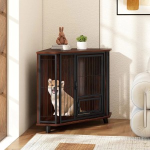 Costway Eck-Hundekäfig Möbel, braun, mit Hund. Katzenhaus mit Gittertür und Ablagefläche.