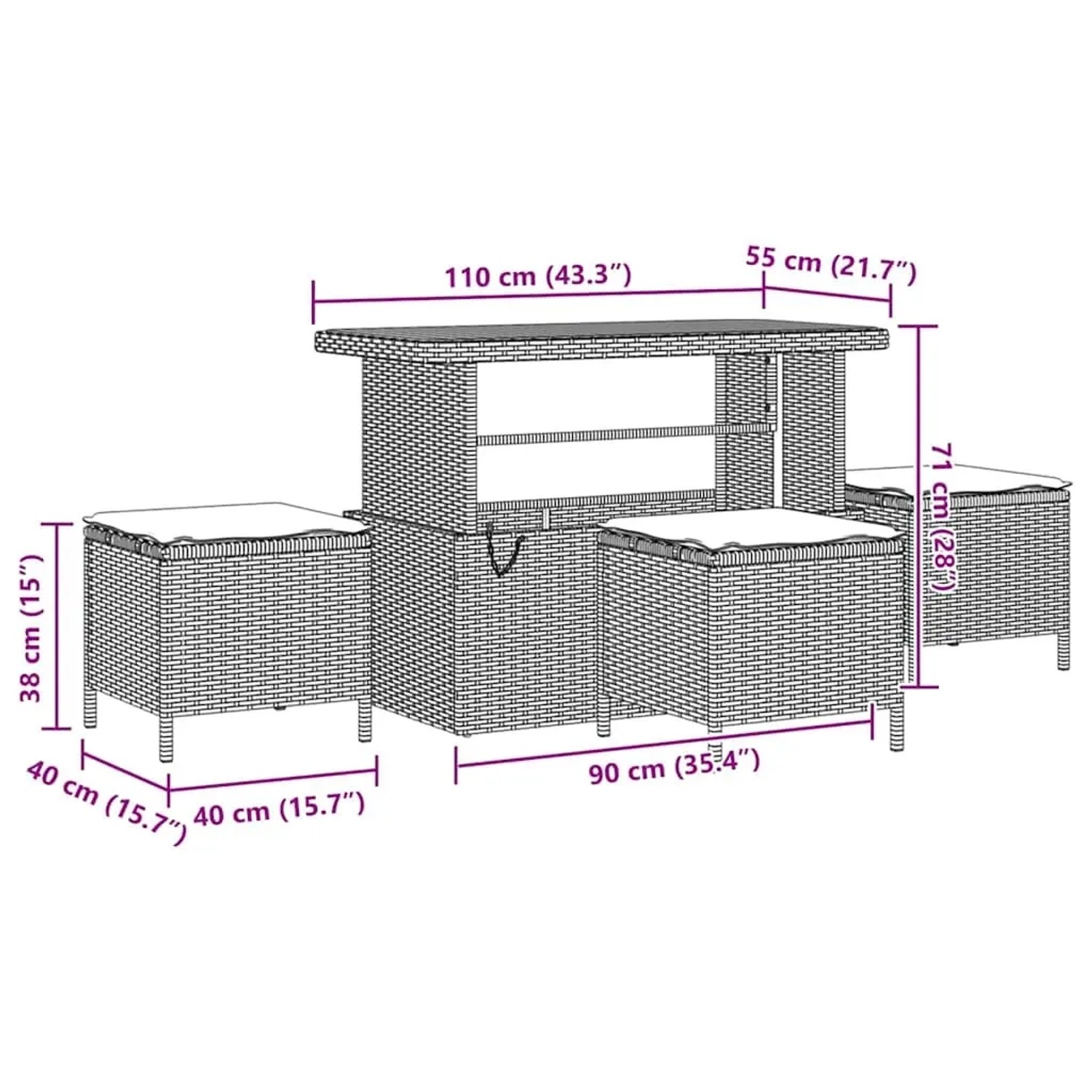 Graue vidaXL Garten Essgruppe, 4-teilig, aus Poly Rattan mit Tisch und Hockern.