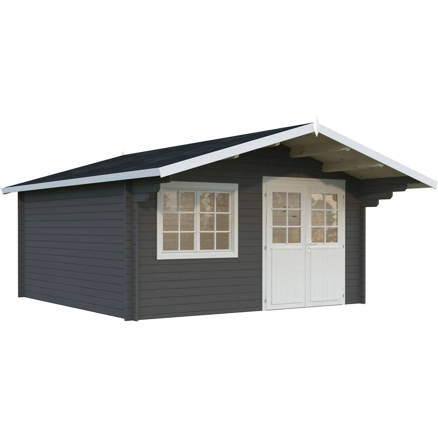 Palmako Gartenhaus Britta, 426x426 cm, dunkelgrau-weiß lackiert, mit Doppeltür und Fenster.
