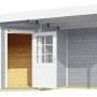 Weka Gartenhaus San Remo B grau-weiß mit Terrasse, Holzwand, Fenster und offener Tür.
