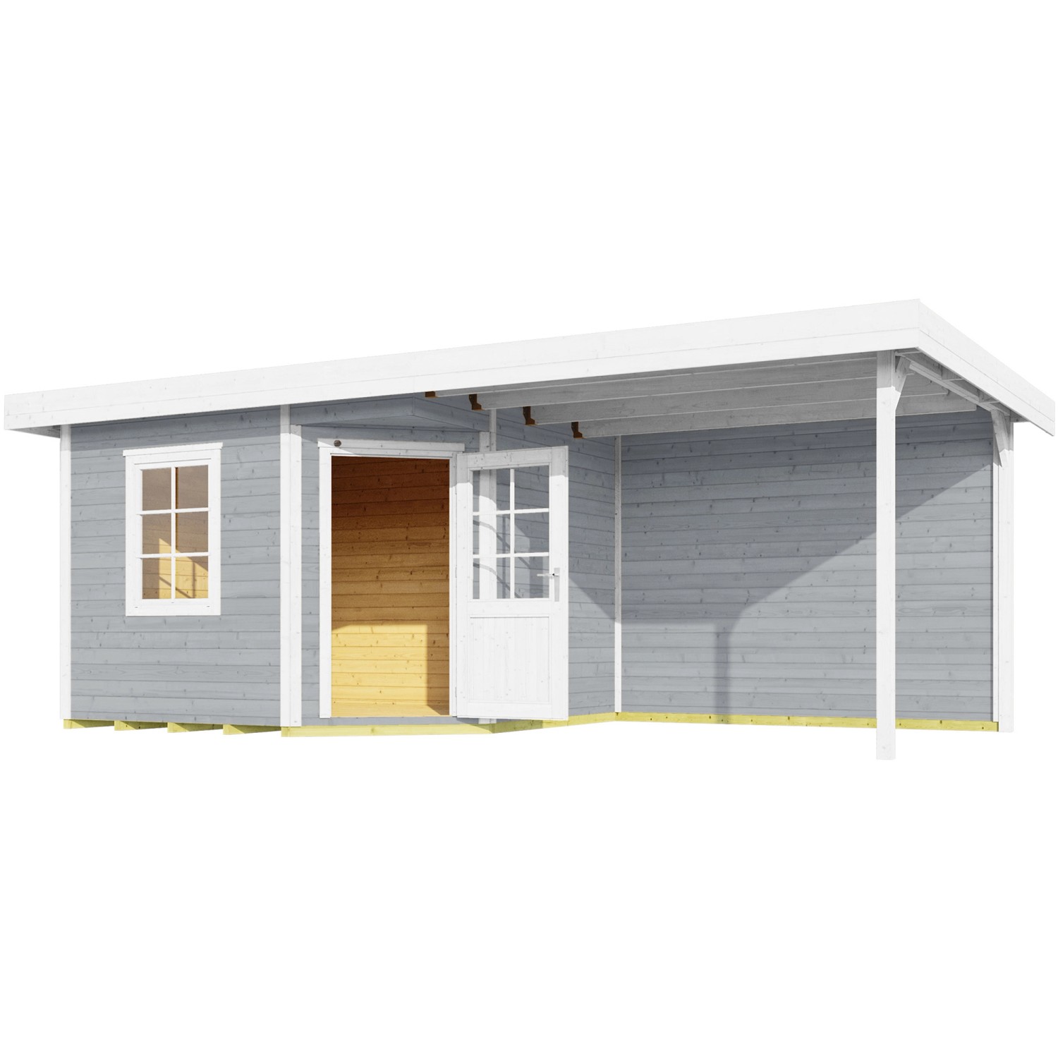 Weka Gartenhaus San Remo B grau-weiß mit Terrasse, Holzwand, Fenster und offener Tür.