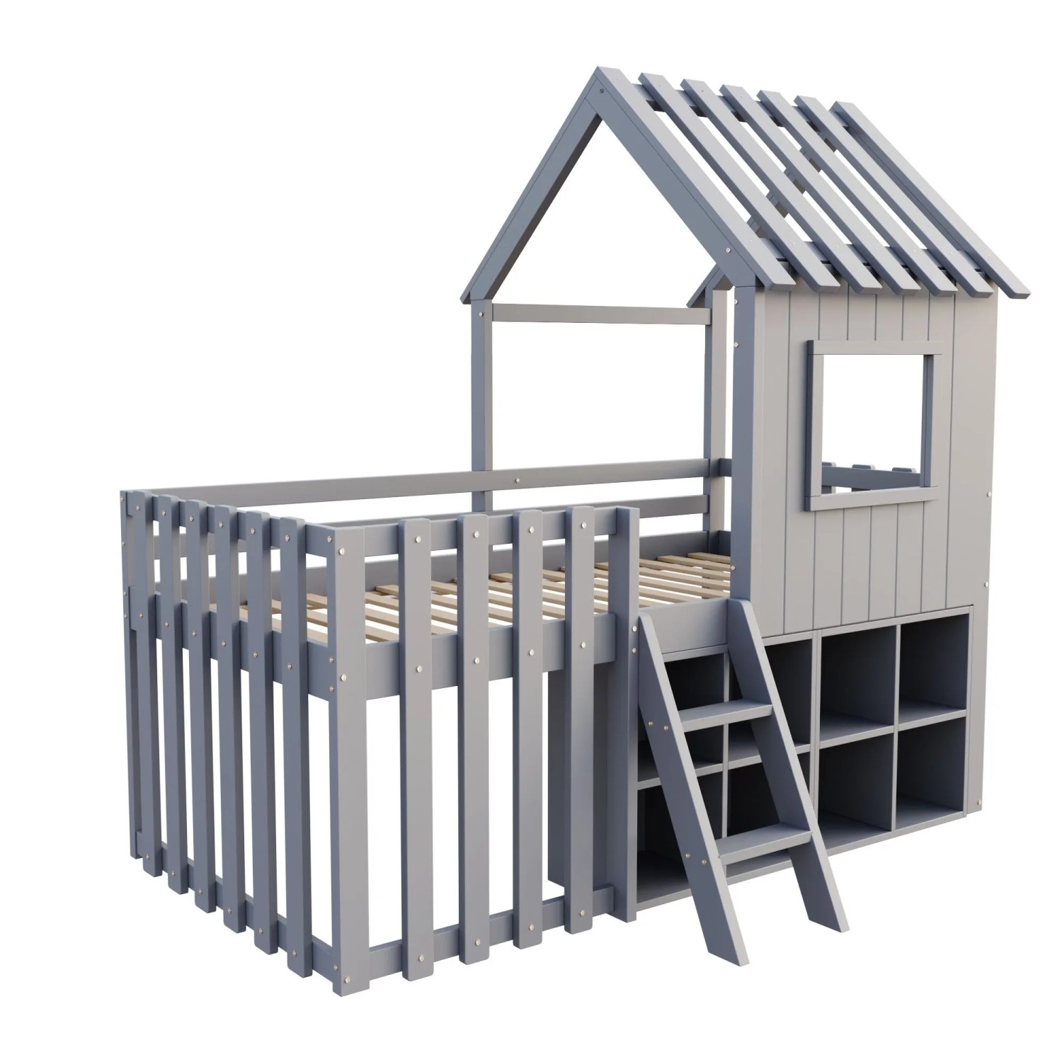 okwish Kinderbett 90x200cm mit Dach und Fenster Kinderzimmer Grau ohne Matratze