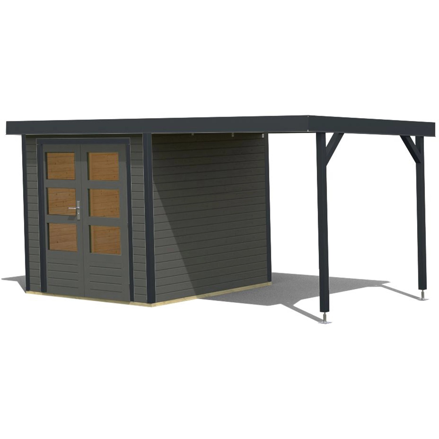 Karibu Gartenhaus Set Ernesto B, terragrau-anthrazit, mit Anbaudach. Holz-Gartenhaus mit Doppeltür.