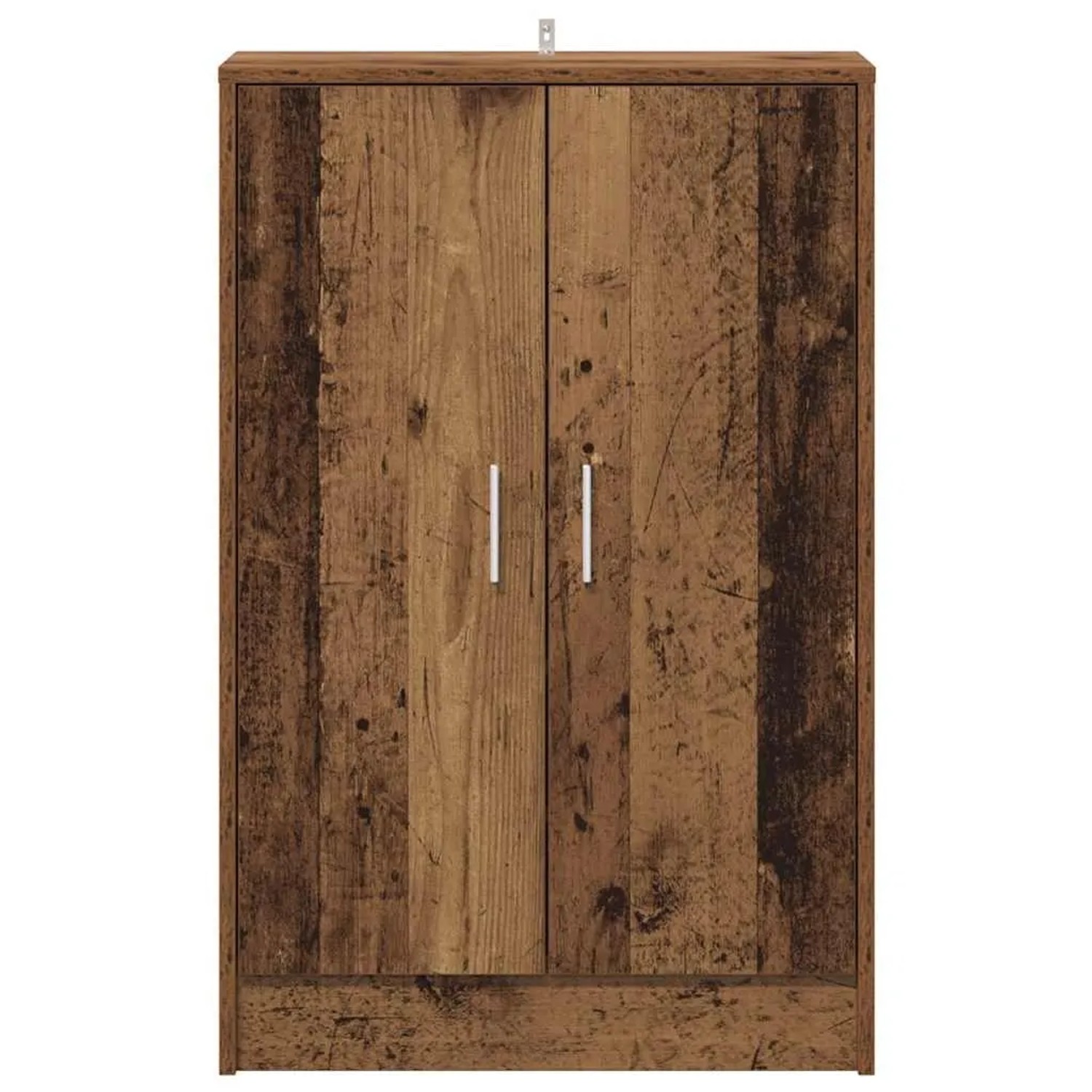 Schuhschrank in Altholz-Optik aus Holzwerkstoff, 60x35x92 cm, mit zwei Türen und silbernen Griffen für den Flur.