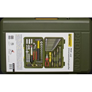 Proxxon PKW- und Universalwerkzeugkoffer, 47-teilig, geöffnet, mit Werkzeugen wie Schraubenschlüssel und Zangen.