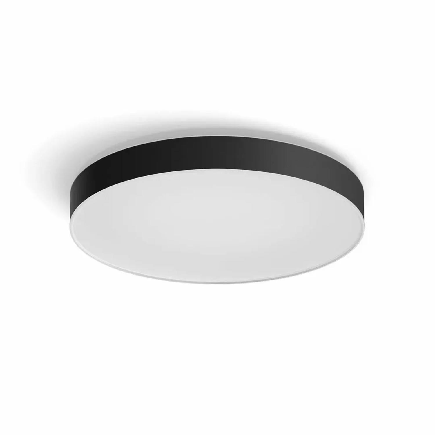 Schwarze Philips Hue Enrave XL Deckenleuchte mit Dimmer und weißem Licht.