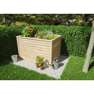 T & J Hochbeet Veijle aus Lärche, 80x125x85cm, bepflanzt mit Gemüse und Kräutern im Garten.