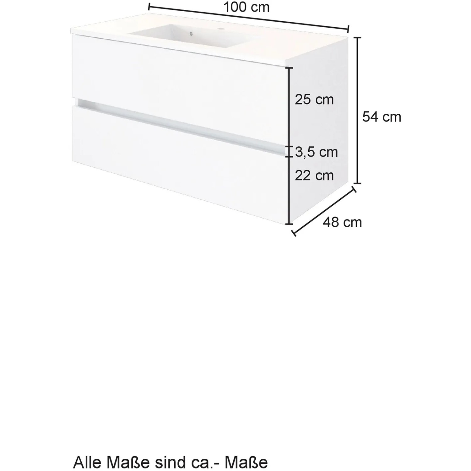 Held Möbel Einzelwaschtisch Bari, 100 cm, Weiß Matt, mit Softclose und Maßangaben.