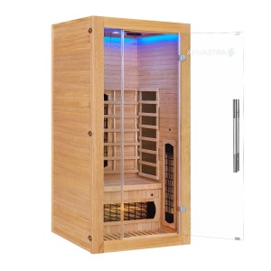 Artsauna Infrarotkabine Kiruna90 aus Hemlockholz mit Glastür und LED-Beleuchtung.
