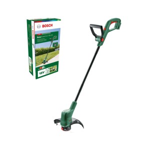Bosch Akku-Rasentrimmer EasyGrassCut 18V-26 in Grün/Schwarz mit ergonomischem Griff und Schneidkopf, daneben die Verpackung.