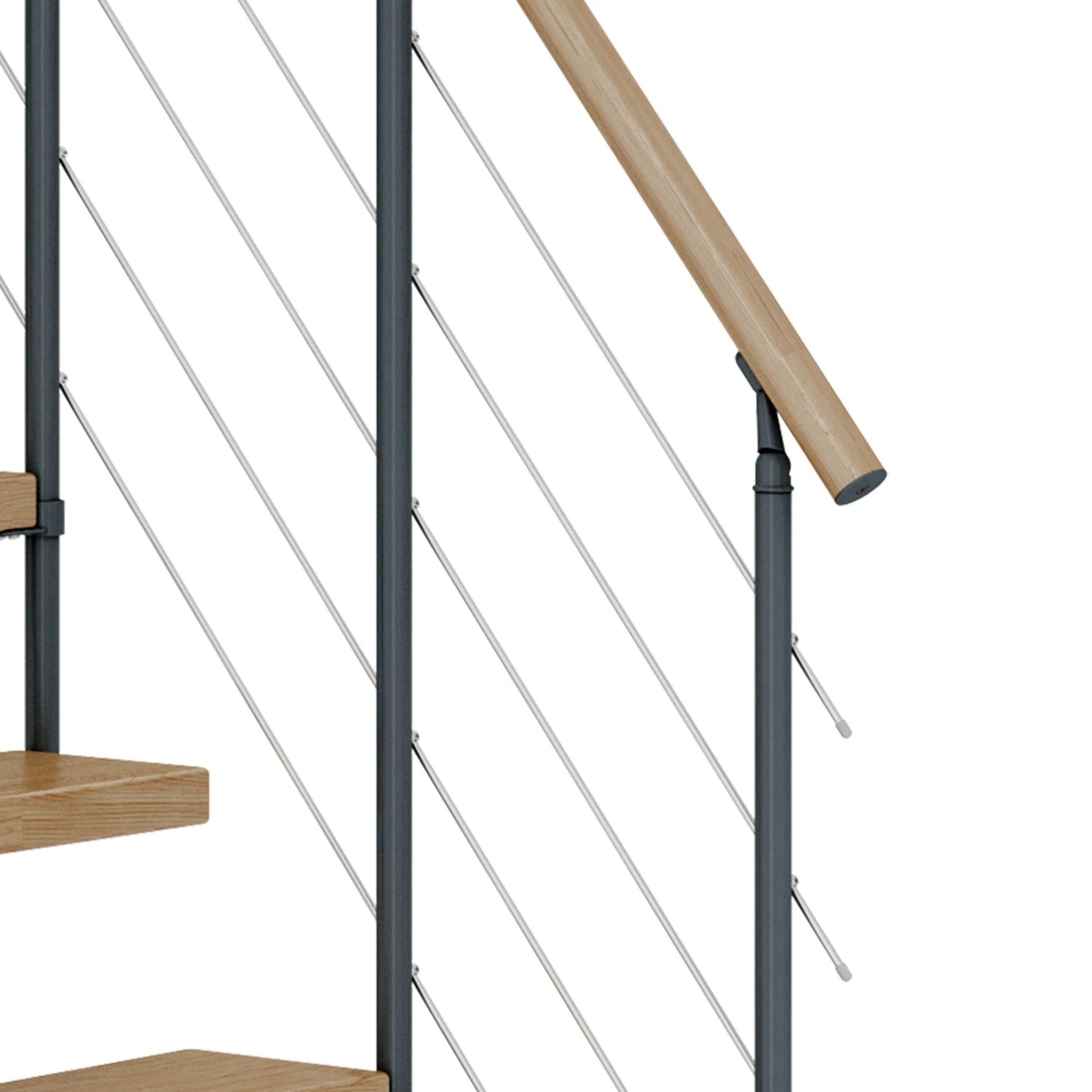 Detailansicht der Dolle Mittelholmtreppe Dublin: Eiche-Stufen, anthrazitfarbener Holm und Edelstahlgeländer.