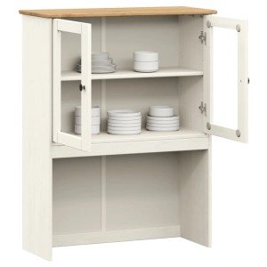Weißer vidaXL Sideboard-Aufsatz VIGO aus Kiefer Massivholz mit Holzplatte, Glastüren und offenem Stauraum.