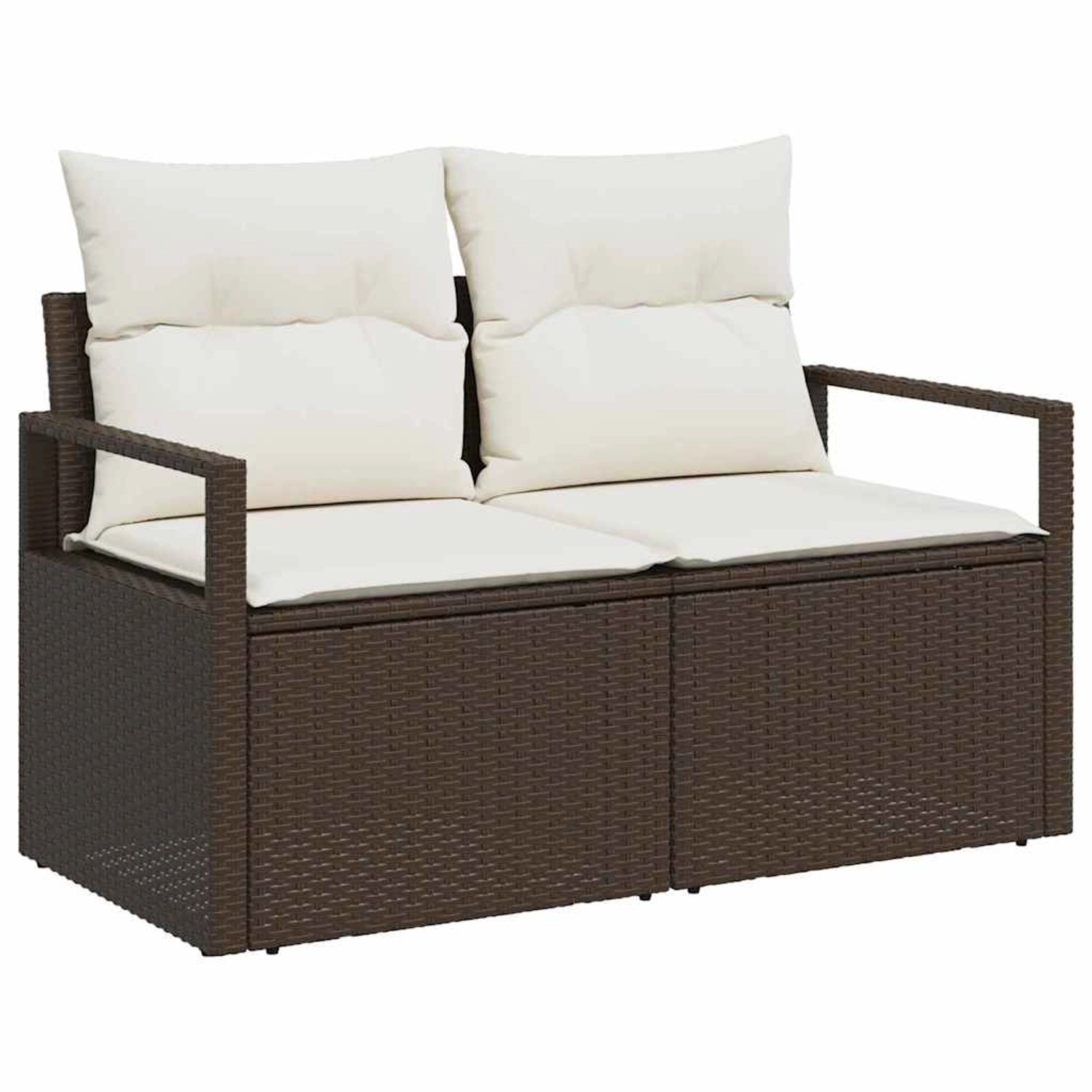 Braunes 5-tlg. vidaXL Garten-Sofa-Set aus Polyrattan mit weißen Kissen.