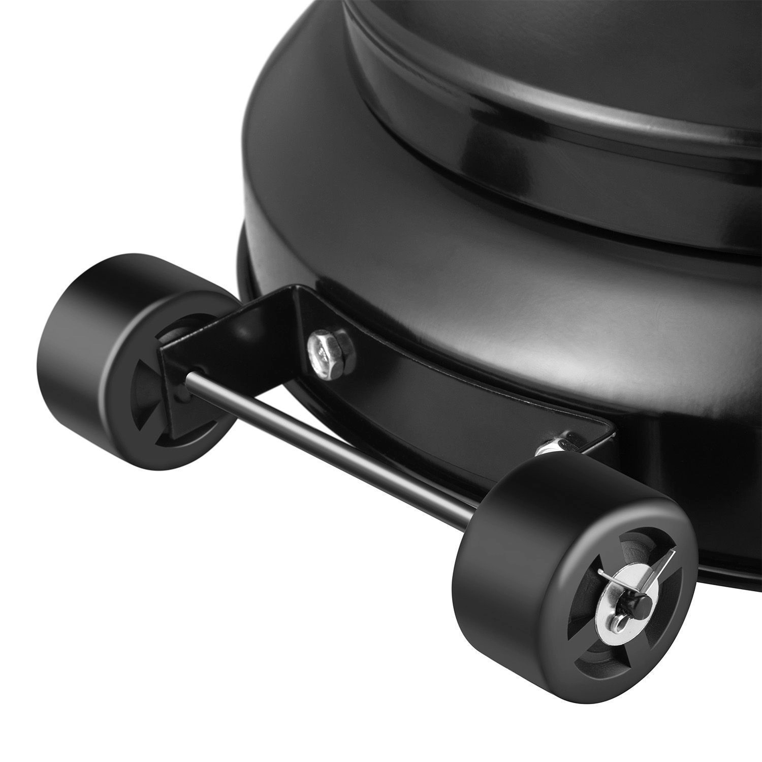 Detailaufnahme der Räder der schwarzen Juskys Gasheizung Cuna für einfachen Transport.