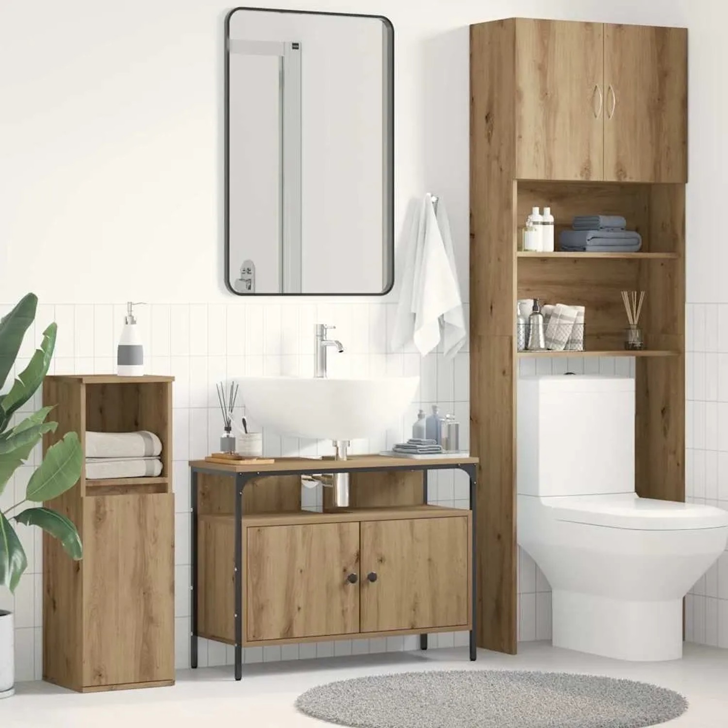 Waschbeckenschrank Artisan-Eiche aus Holzwerkstoff mit schwarzem Stahlrahmen, zwei Türen und offener Ablage im modernen Bad.