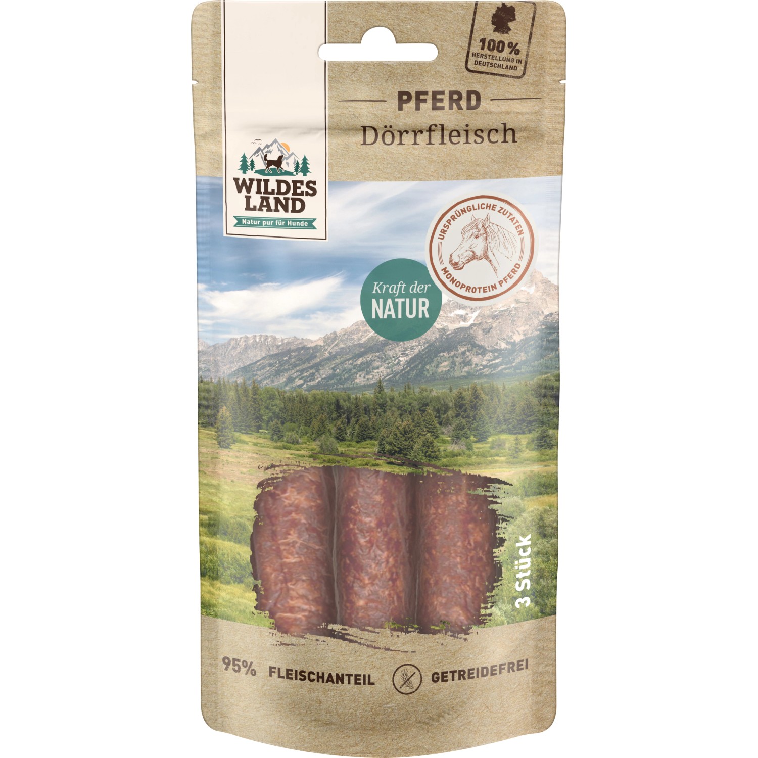 Wildes Land Hunde-Snack Pferd Dörrfleisch 65 g 3 Stück