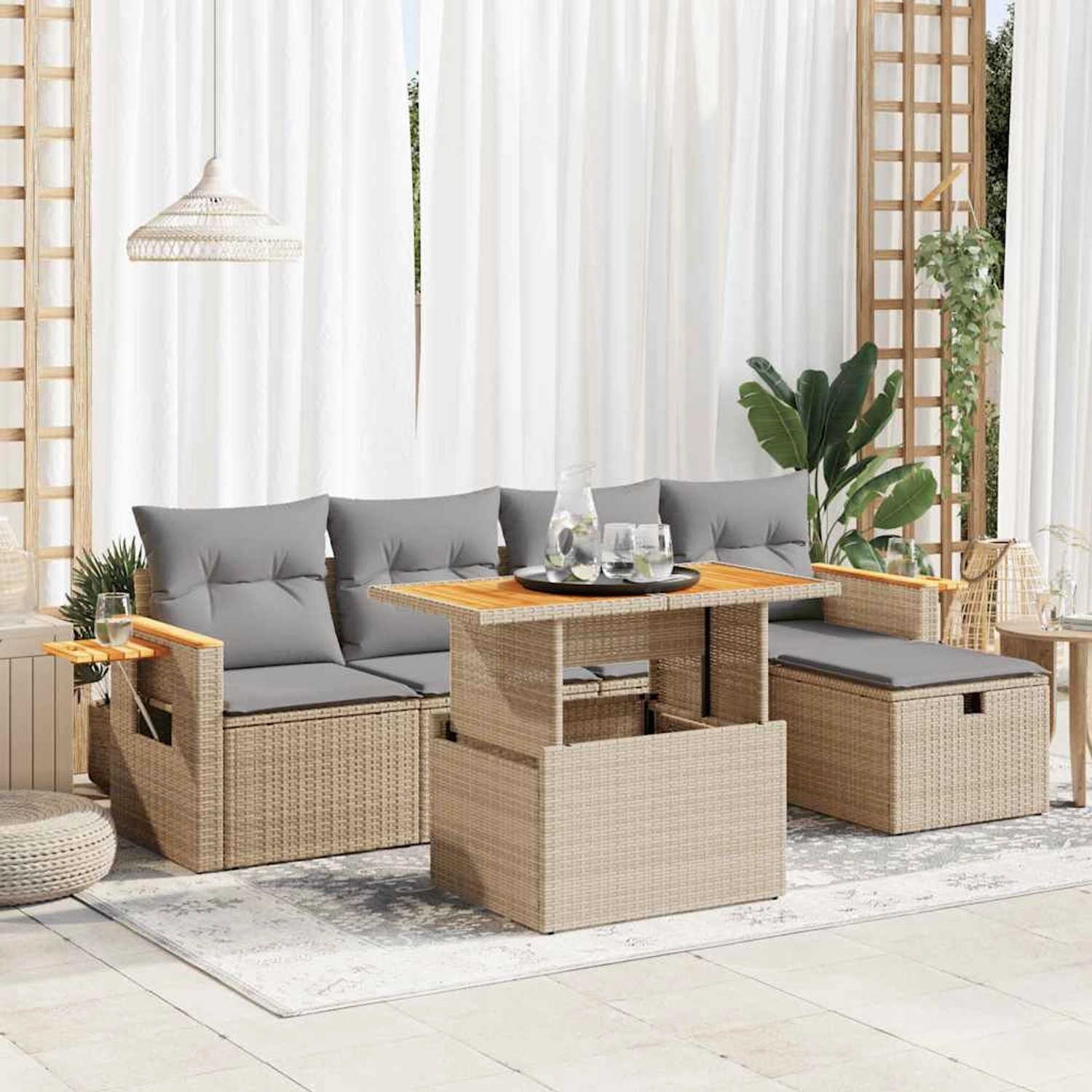 Beige 6-tlg. vidaXL Garten-Sofagarnitur aus Rattan mit Kissen und Tisch mit Stauraum.