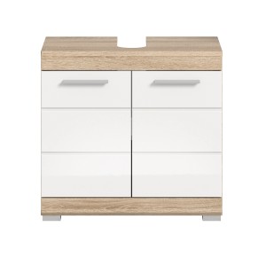 Waschbeckenunterschrank in Sonoma-Weiß, 60x56x34 cm, mit zwei Türen und silbernen Griffen.