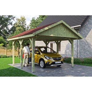 Satteldach-Carport Wallgau mit roten Schindeln und Auto. Einzelcarport aus Holz mit Dachschindeln.