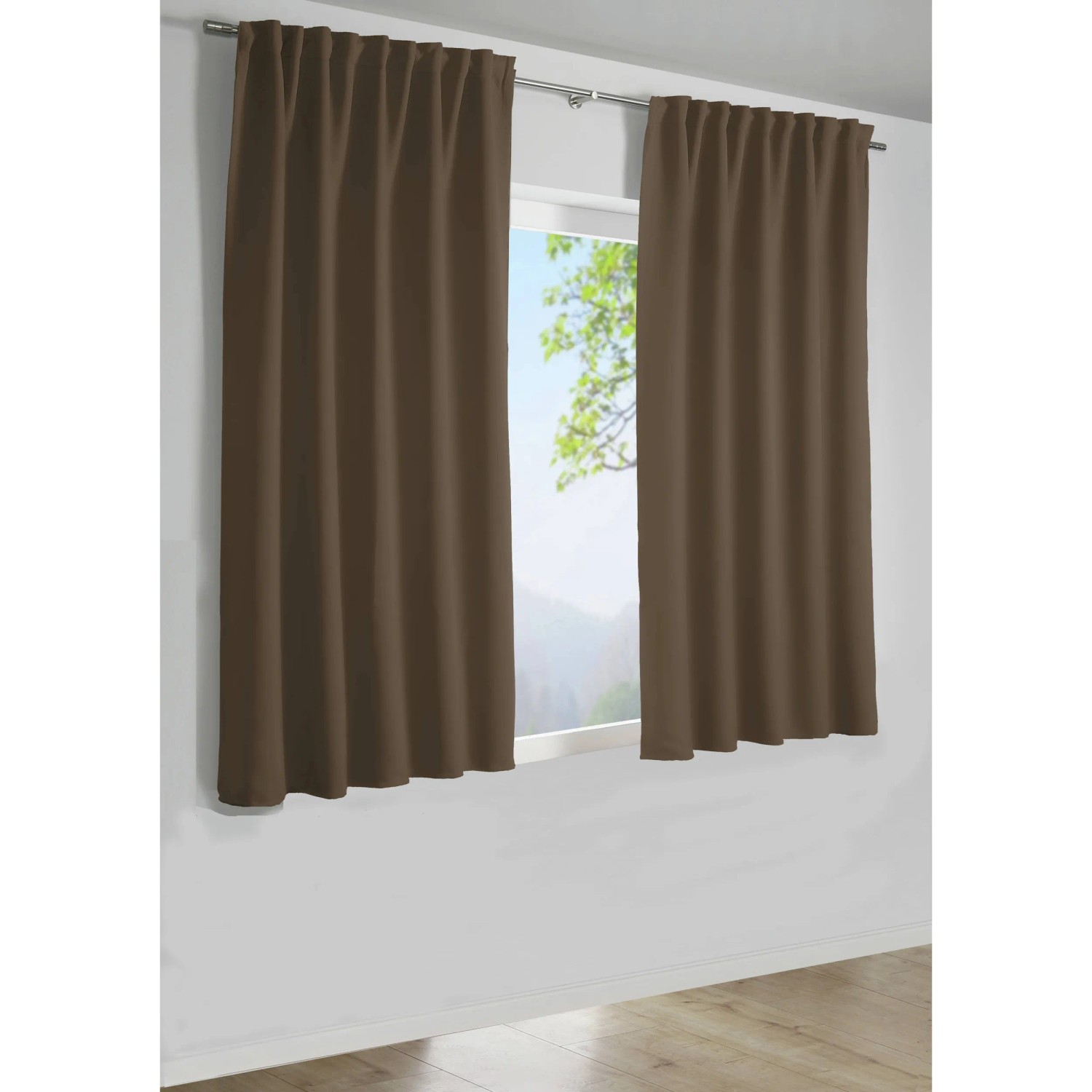 Blickdichter, taupefarbener Bennetti Schal mit Gardinenband, 245x140 cm, vor Fenster.