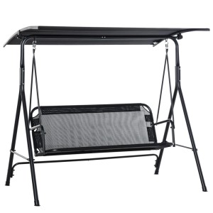 Schwarze 2-Sitzer Hollywoodschaukel mit Baldachin für Garten und Terrasse. Robustes Metallgestell, modernes Design.