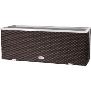Brauner Polyrattan-Pflanzkübel Wilk, 108x39 cm, mit Alu-Beschlägen für Innen- und Außenbereich.