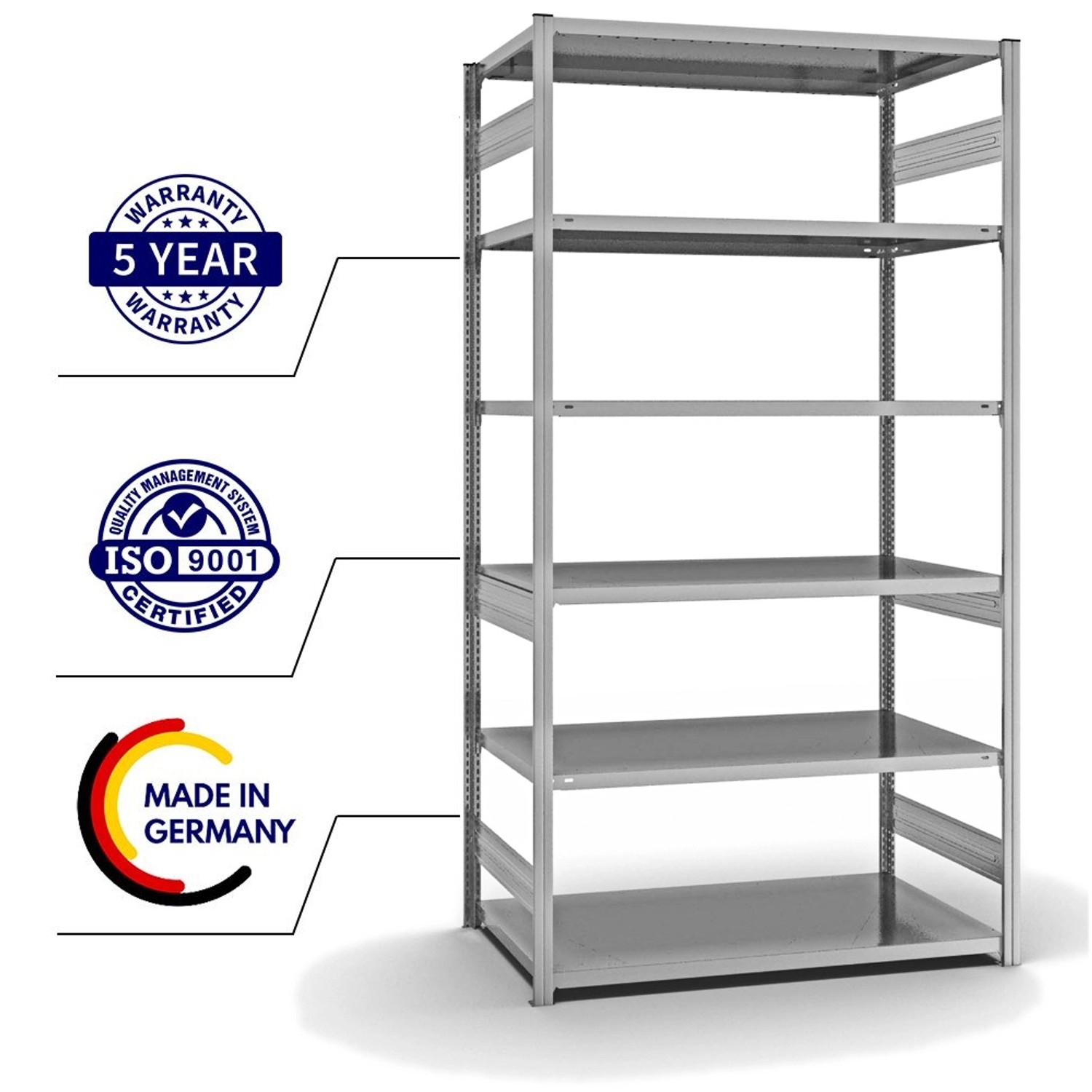 Verzinktes PROREGAL Fachbodenregal mit 6 Ebenen, beidseitig nutzbar, ideal für Lager & Werkstatt.