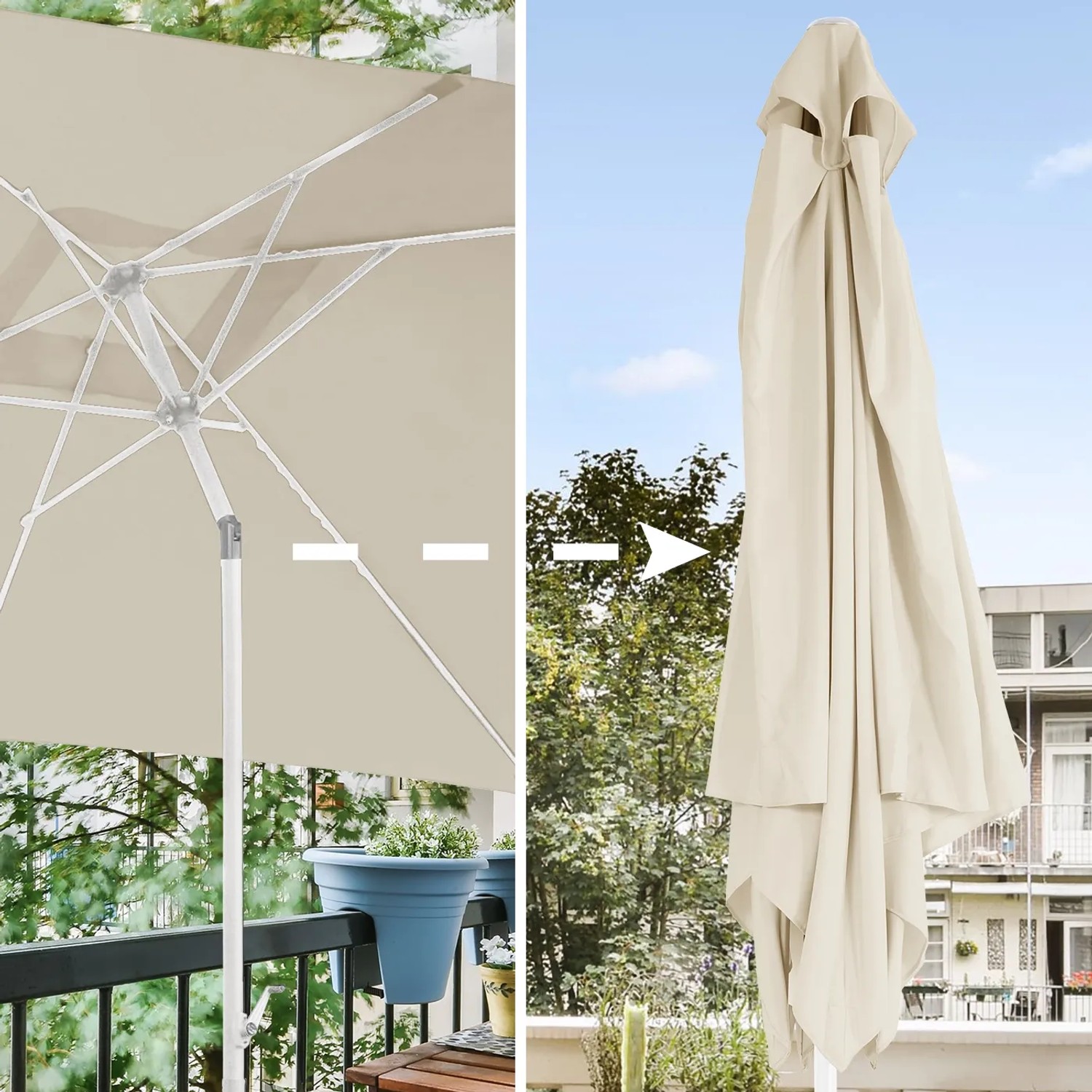 Beiger, rechteckiger Svita Sonnenschirm 3x2m mit Schirmständer, für Balkon und Garten.
