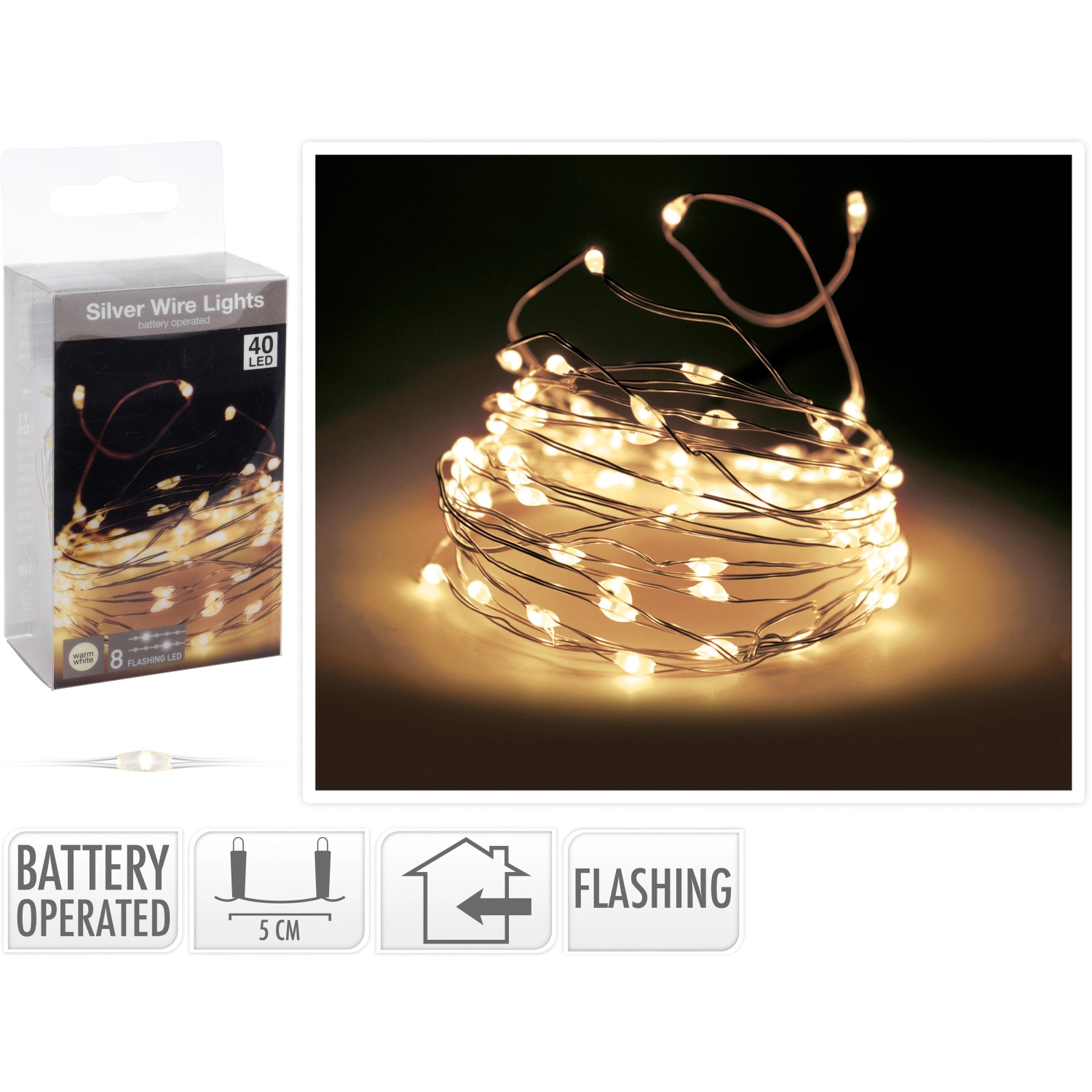 LED Lichterkette 40 warmweiße LEDs Silberdraht mit Funkeleffekt innen