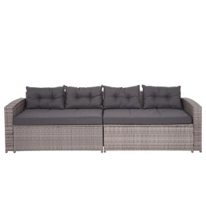 4-teilige Poly-Rattan Lounge-Garnitur in Grau mit dunklen Kissen für Garten, Terrasse oder Balkon.