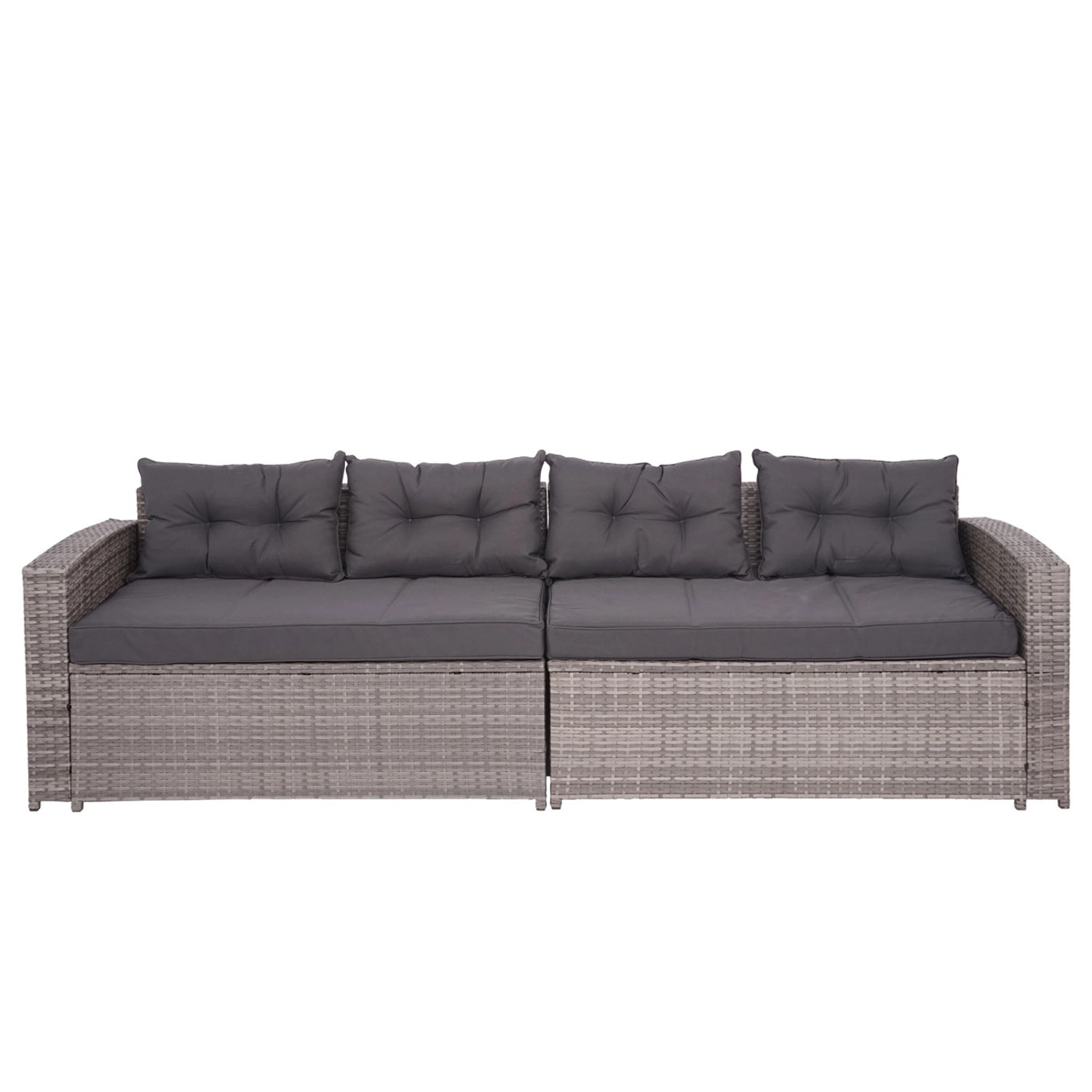 4-teilige Poly-Rattan Lounge-Garnitur in Grau mit dunklen Kissen für Garten, Terrasse oder Balkon.