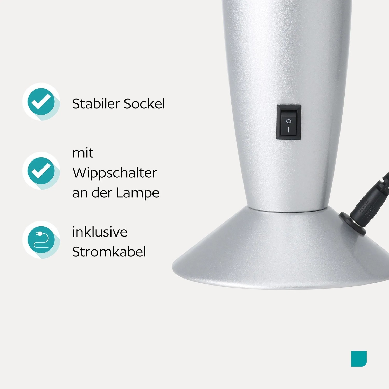 Silberner Sockel der Eglo LED-Lavatischleuchte mit Wippschalter und Stromkabel. Stabile Basis für die Tischleuchte.