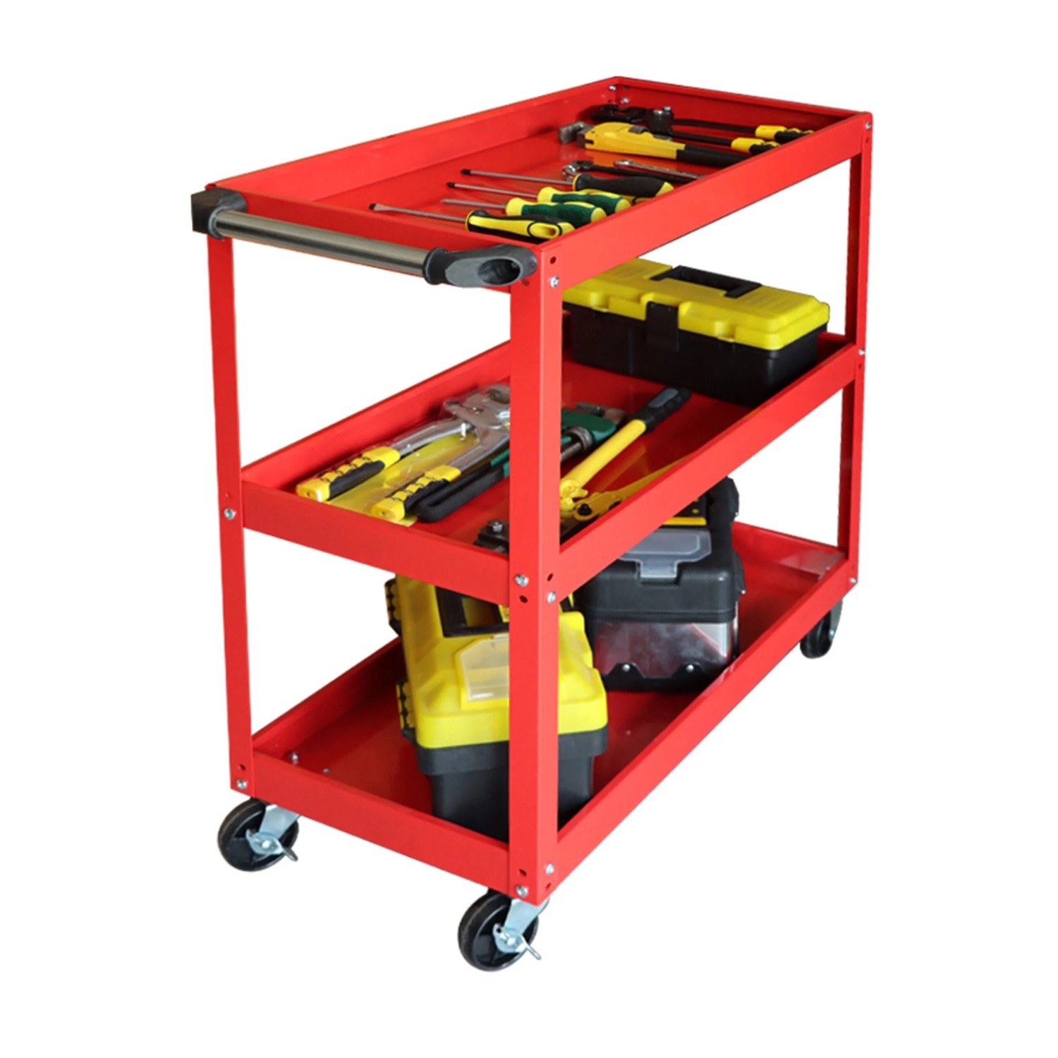 Relaxdays Werkstattwagen Stahl Rot mit 3 Ebenen 76 cm x 35 cm x 78 cm 100 kg