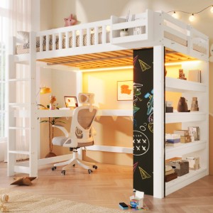 Modernes weißes Hochbett 140x200cm mit Schreibtisch, Kreidetafel, Regal und LED-Beleuchtung für Kinderzimmer.