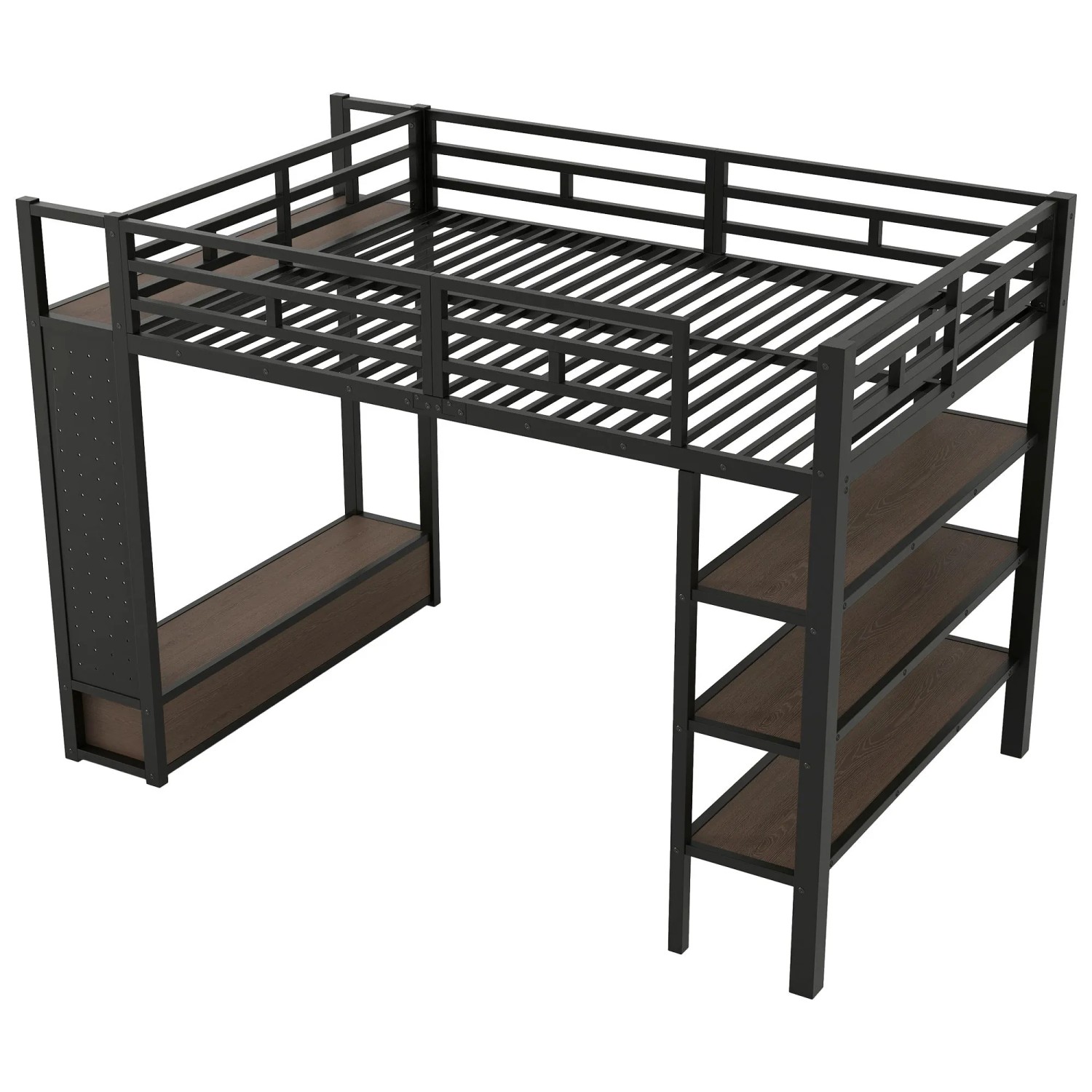 okwish Metall Hochbett 140x200cm mit Kleiderschrank Lochwand und LED Schwarz ohne Matratze