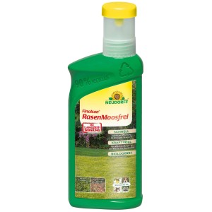 Grüne Neudorff Finalsan Rasen-Moosfrei 500 ml Flasche mit gelbem Deckel. Entfernt Moos schnell, langanhaltend, sicher für Haustiere.