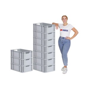 PROREGAL Spar Set: 10 graue Euroboxen (44L) mit gelben Verschlüssen, gestapelt.