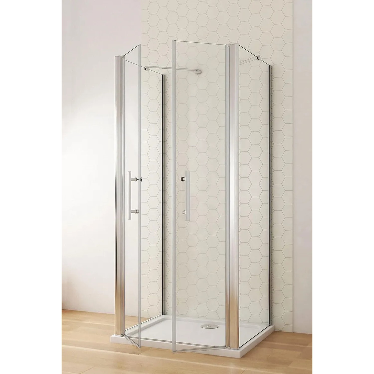 U-Duschkabine 90x75x90cm mit Doppeltür, 6mm NANO Glas und Chromrahmen.