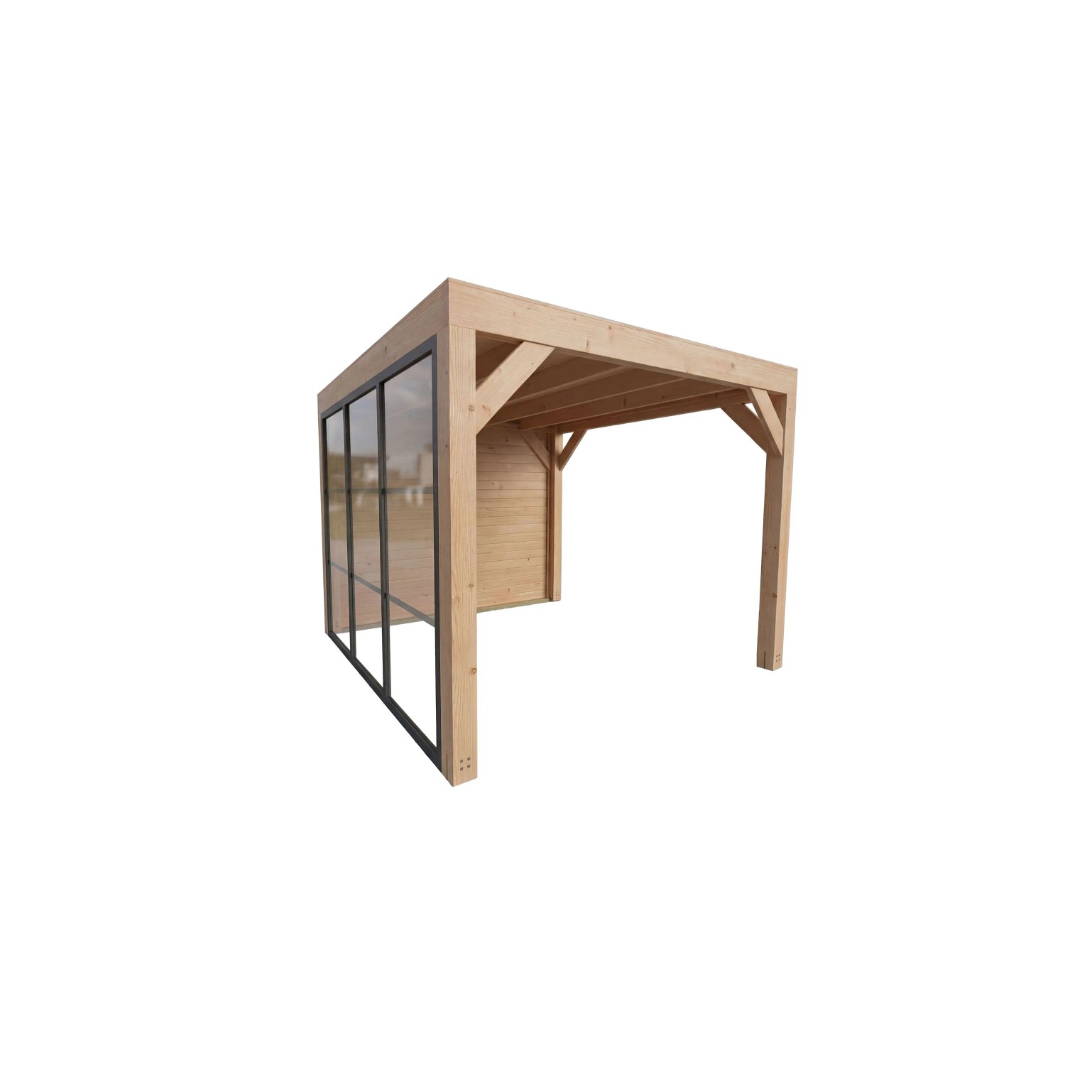 Weka Gartenlaube Lumley: Moderne Ecküberdachung aus Fichte mit Flachdach, Holz- und Glaswand im Sprossenstil. Für Terrasse.