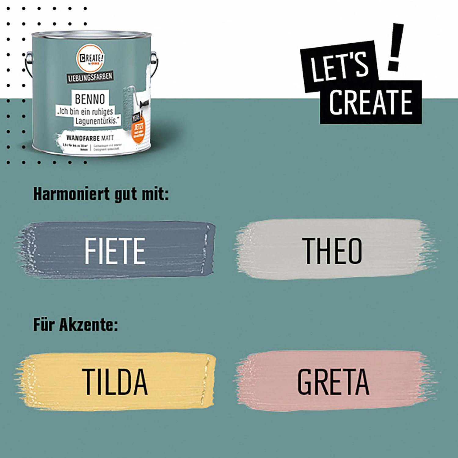 CREATE! by OBI Wandfarbe Lagunentürkis, matte Innenfarbe mit Farbbeispielen.